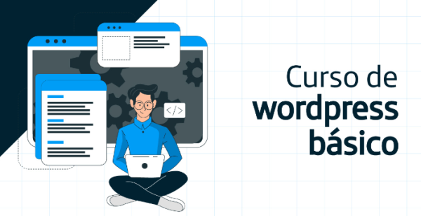 Ilustración de una persona con una notebook, curso básico worpdress